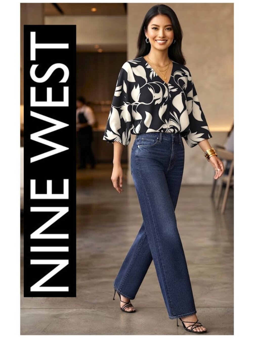 (3 for $30) NINE WEST - Black and ivory floral print dolman sleeve blouse